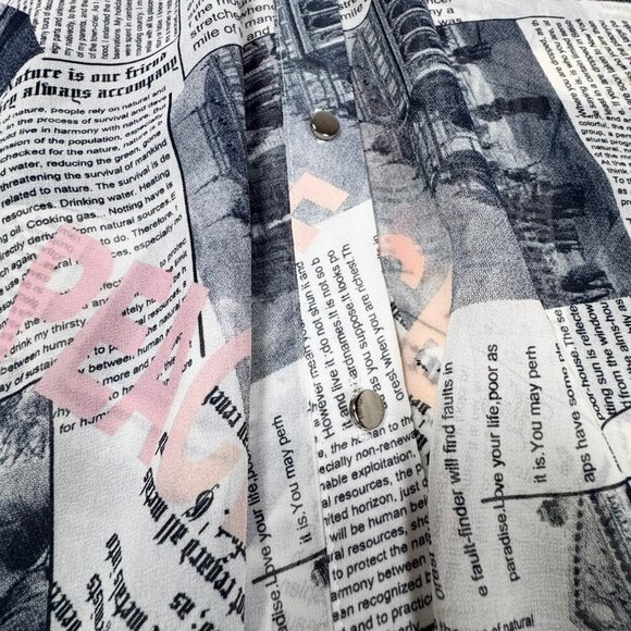 Why Dress Flowy Top Sz.L Newspaper Print Novelty Longline Ruffle 90s Maximalist - Picture 9 of 12